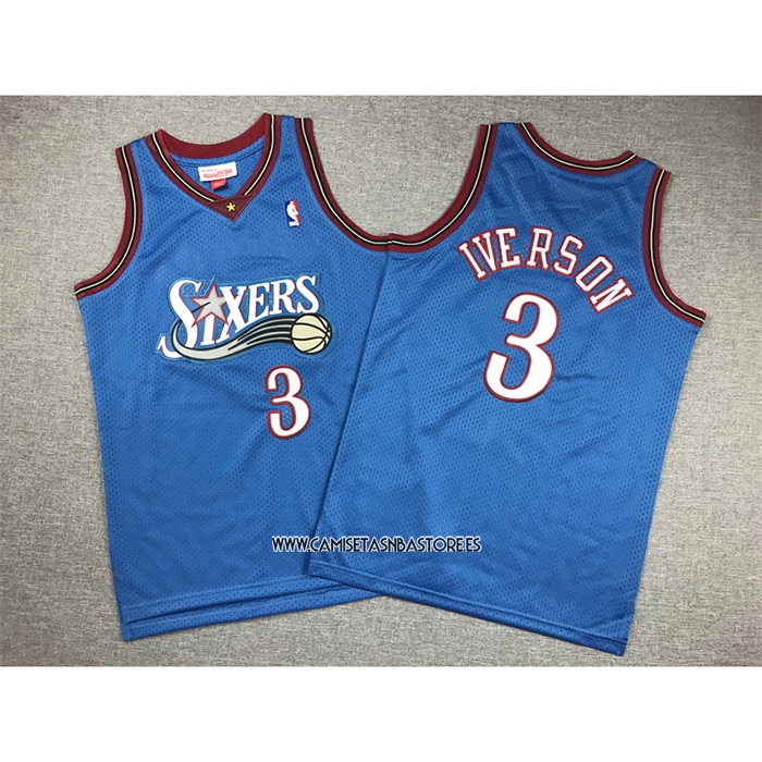 Allen Iverson NO 3 Camiseta Nino Philadelphia 76ers Mitchell & Ness 1999-00 Azul